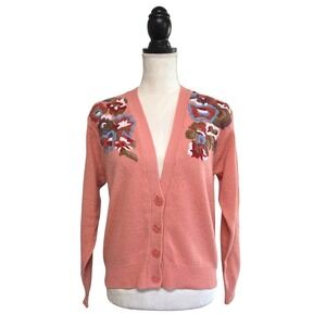 80s Lambswool Angora Coral Floral Embroidered Cardigan Sz S Cottagecore Twee